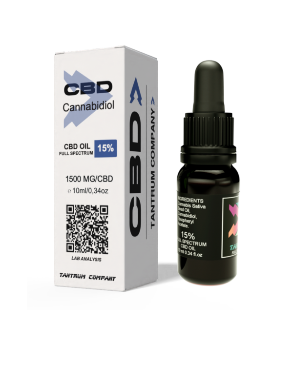 Aceite CBD 15% Full Spectrum Tantrum, caja y frasco 10 ml