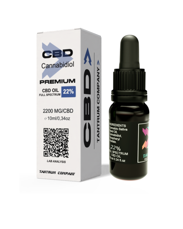 Aceite CBD Premium 22% Tantrum, caja y frasco 10 ml