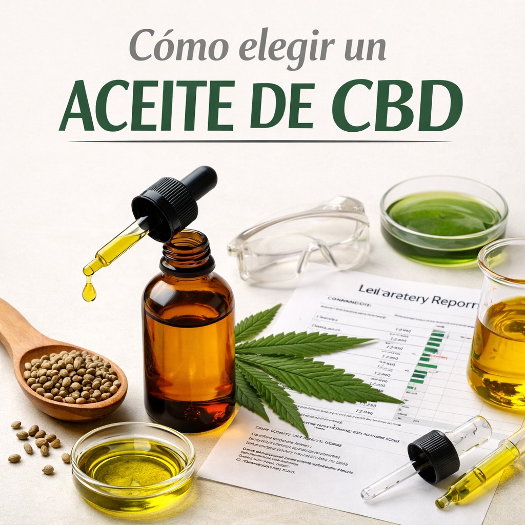 Botella de aceite de CBD con cuentagotas sobre fondo neutro representando guía para elegir concentración y formulación