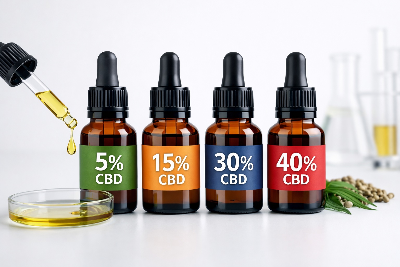 Botellas de aceite de CBD con diferentes concentraciones representando la elección de porcentaje adecuado