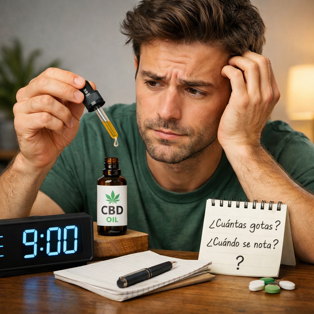 Cómo empezar con CBD Cómo empezar con CBD: persona midiendo gotas de aceite y dudando sobre la dosis