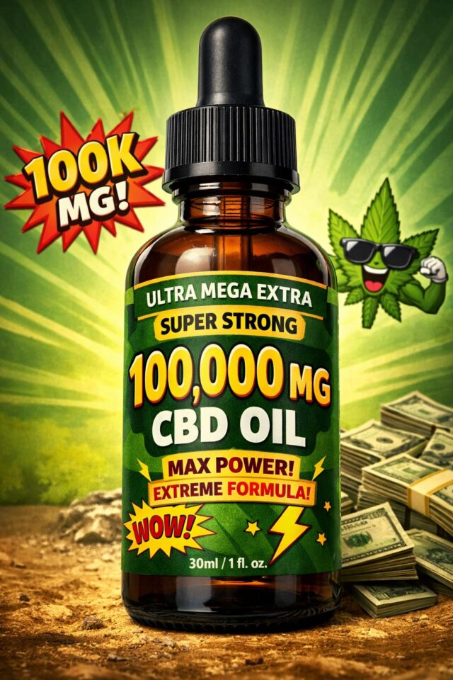 Etiqueta exagerada de aceite de CBD con 100000 mg, representando la confusión sobre concentración y marketing