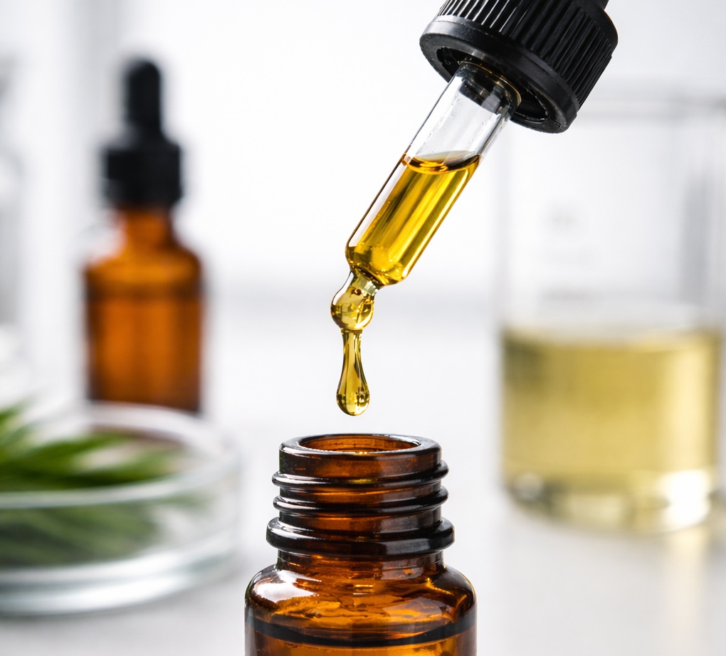 análisis de aceite de cbd en laboratorio con gotero y frasco ámbar en entorno controlado