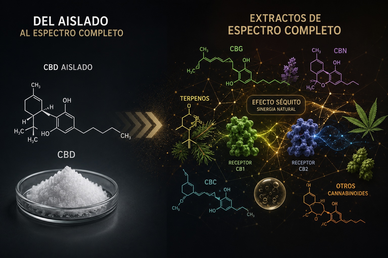 Ilustración conceptual sobre CBD aislado, cannabinoides menores y extractos de espectro completo en la investigación moderna del cannabis