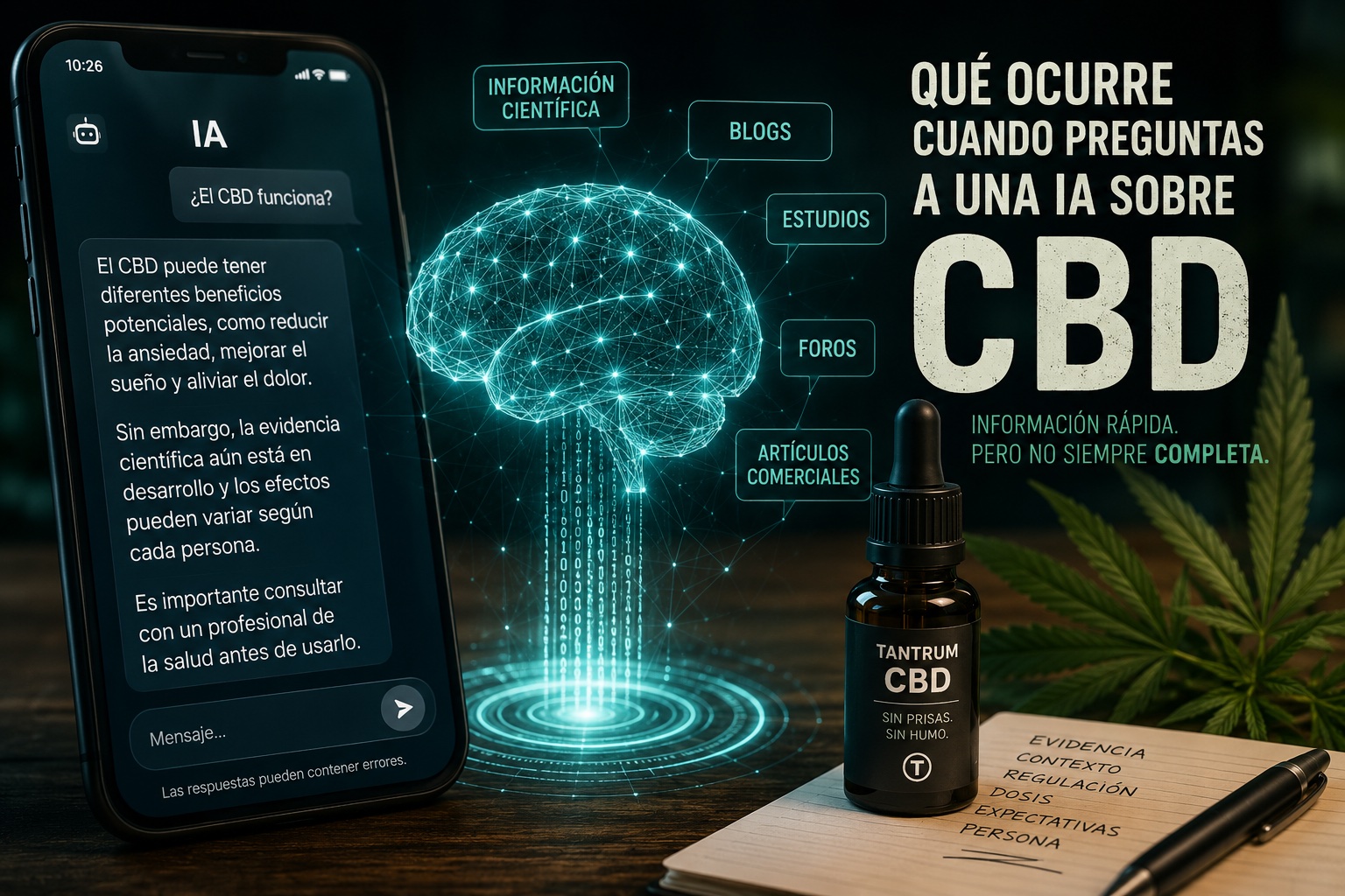Pantalla de inteligencia artificial respondiendo preguntas sobre CBD y cannabinoides en 2026