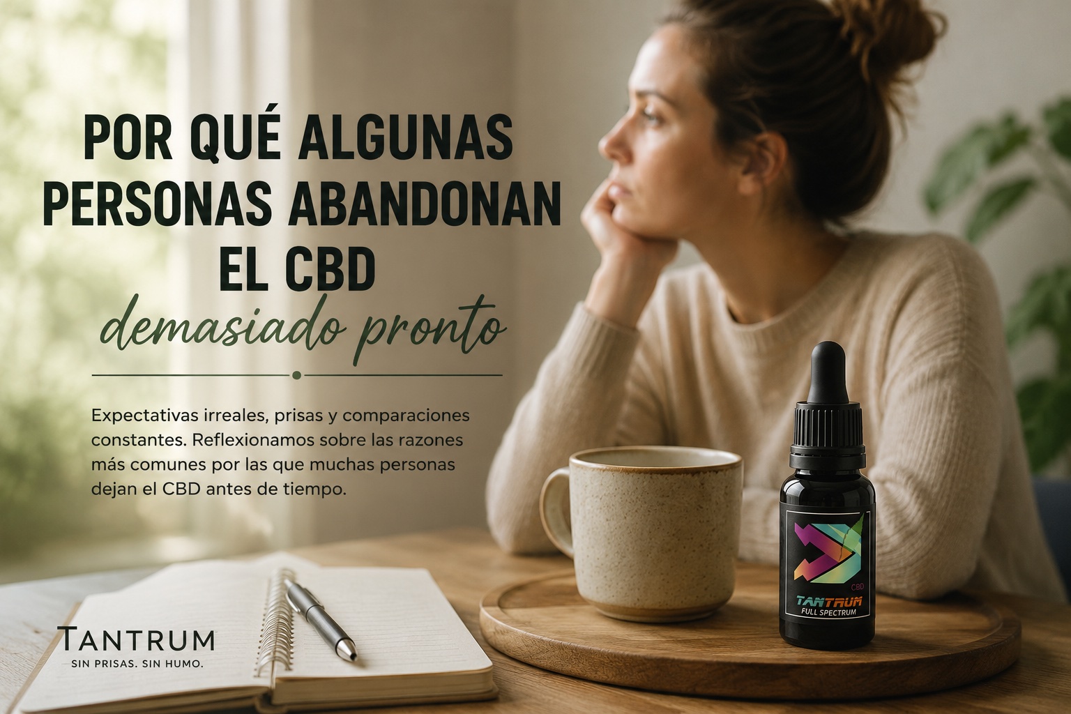Persona reflexionando junto a un aceite de CBD, representando las expectativas, la paciencia y las experiencias individuales relacionadas con el uso del cannabidiol.