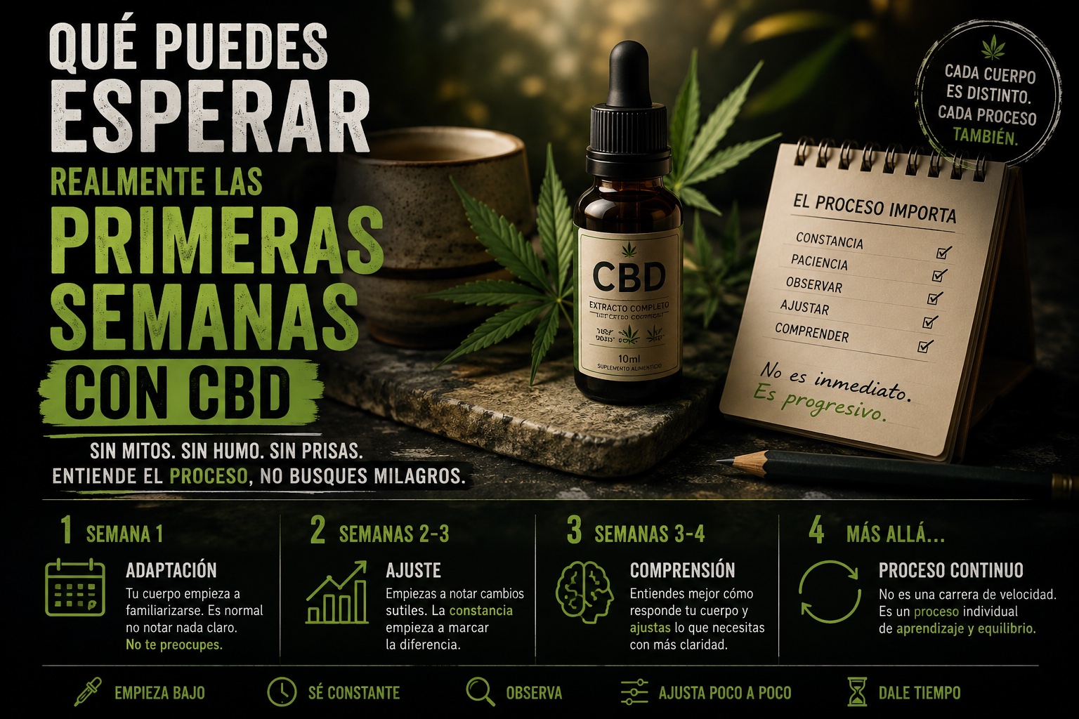 Primeras semanas con CBD Ilustración sobre las primeras semanas de uso del CBD con aceite CBD, esquema de adaptación progresiva y conceptos como constancia, ajuste y comprensión del proceso.