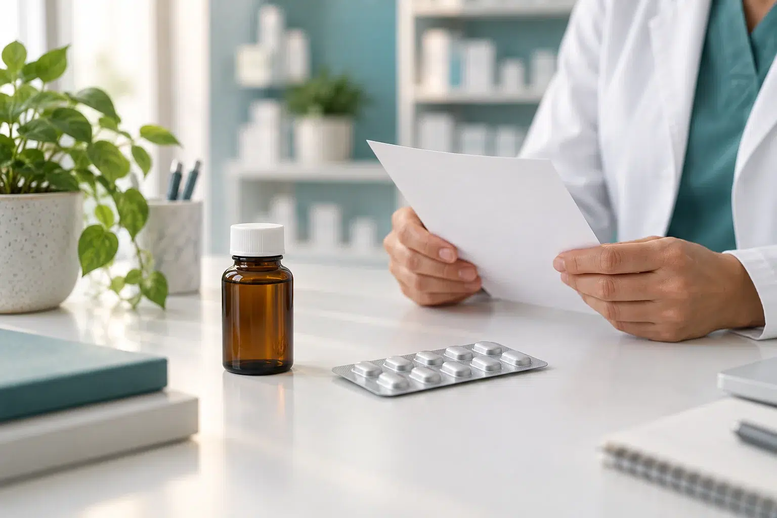 CBD y medicamentos: interacciones y precauciones Imagen ilustrativa de una consulta sobre CBD y medicamentos, con un frasco y un blíster sobre la mesa